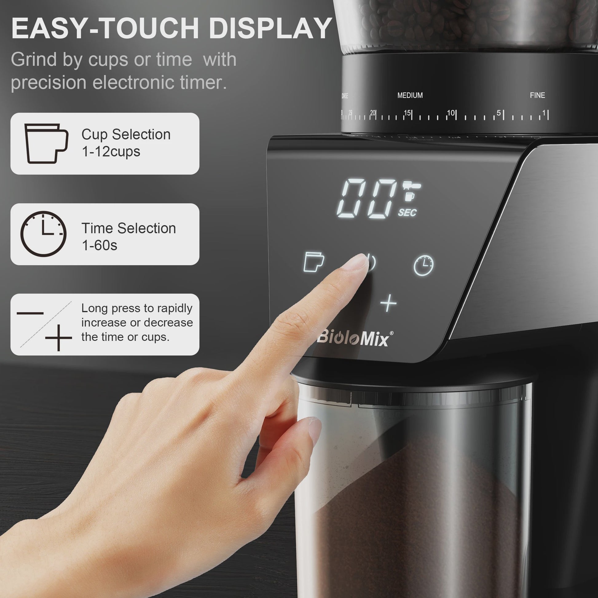 BioloMix Elektrische Koffiemolen met 30 Instellingen & Timer - Perfect voor Espresso, Filterkoffie & Meer