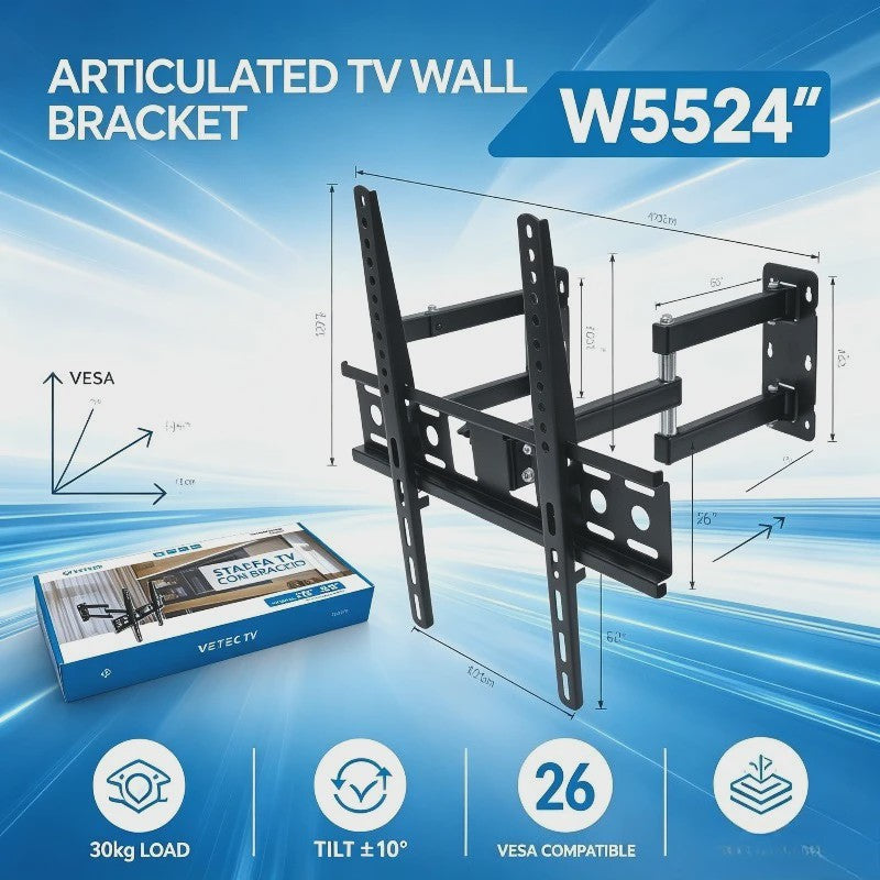 WETECH W5524 TV Muurbeugel - Dubbelarmig, Volledig Verstelbaar voor 26-55 Inch Schermen, 30kg Max, Kantelbaar
