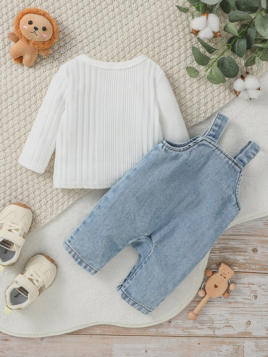 Schattige Baby Kleding Set: Longsleeve Top & Denim Tuinbroek met 'I Love Mama' Print