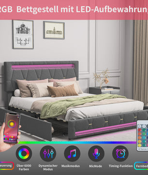 Modern Gestoffeerd Dubbel Bed met LED Verlichting en 4 Opberglades