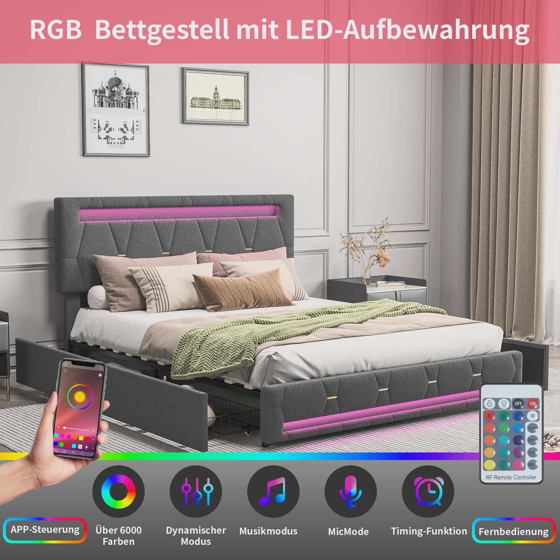 Modern Gestoffeerd Dubbel Bed met LED Verlichting en 4 Opberglades