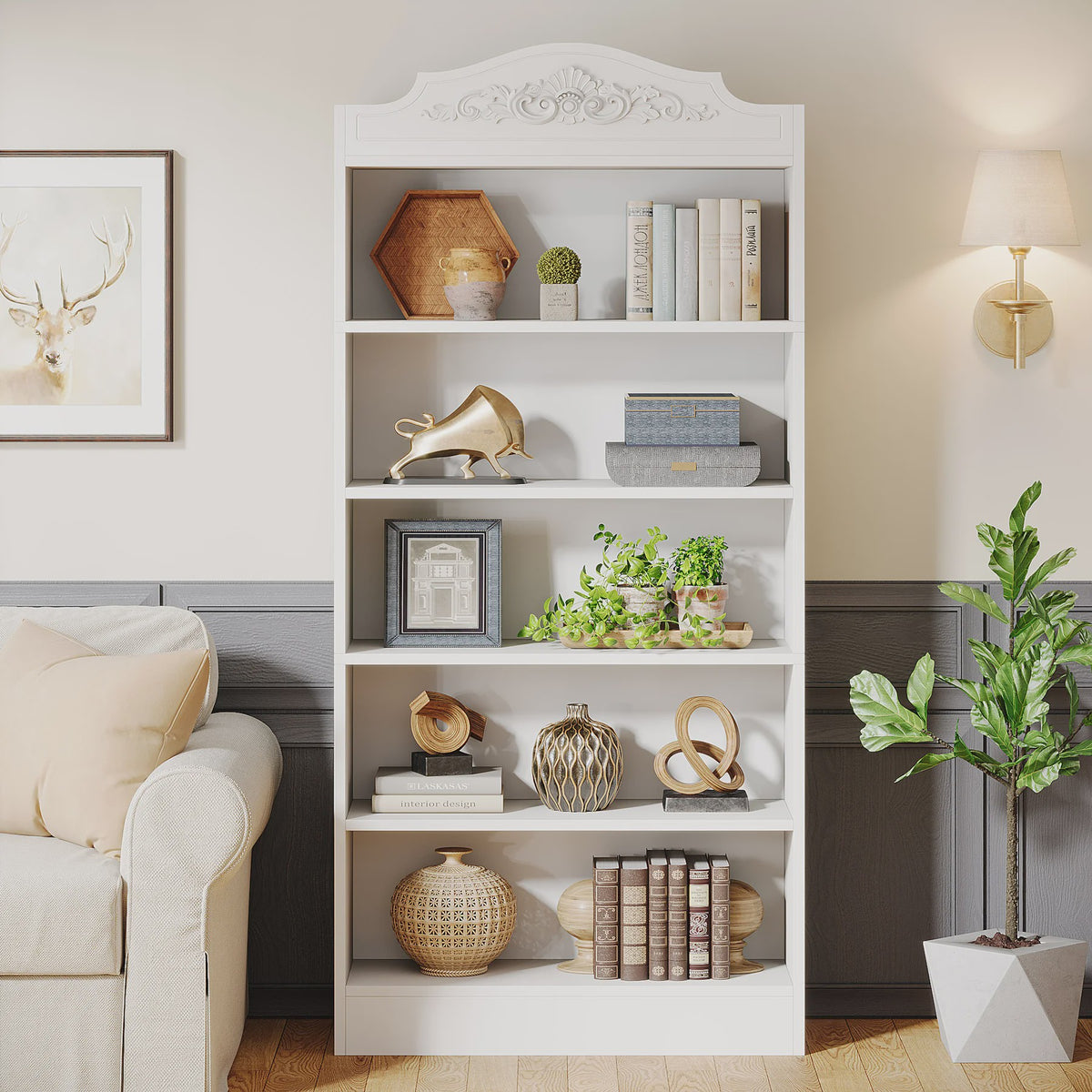 Moderne Witte Boekenkast 5 Lagen - 73 Inch Hoge Boekenkast