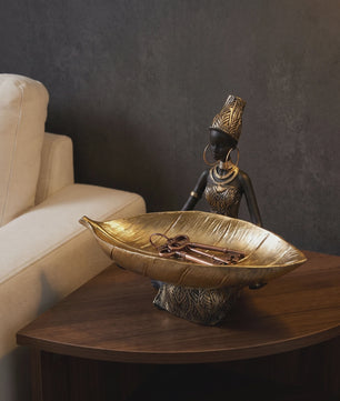 Afrikaanse Vrouw Sculptuur met Gouden Blad Schaal - Decoratieve Opberger & Verzamelobject
