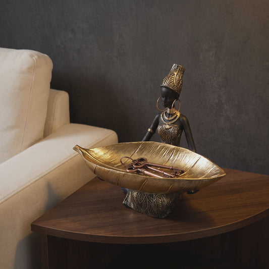 Afrikaanse Vrouw Sculptuur met Gouden Blad Schaal - Decoratieve Opberger & Verzamelobject