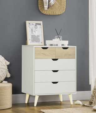 HOMCOM Commode met 5 Lades en Houten Poten - Wit & Naturel Hout - 60x40x77,5 cm