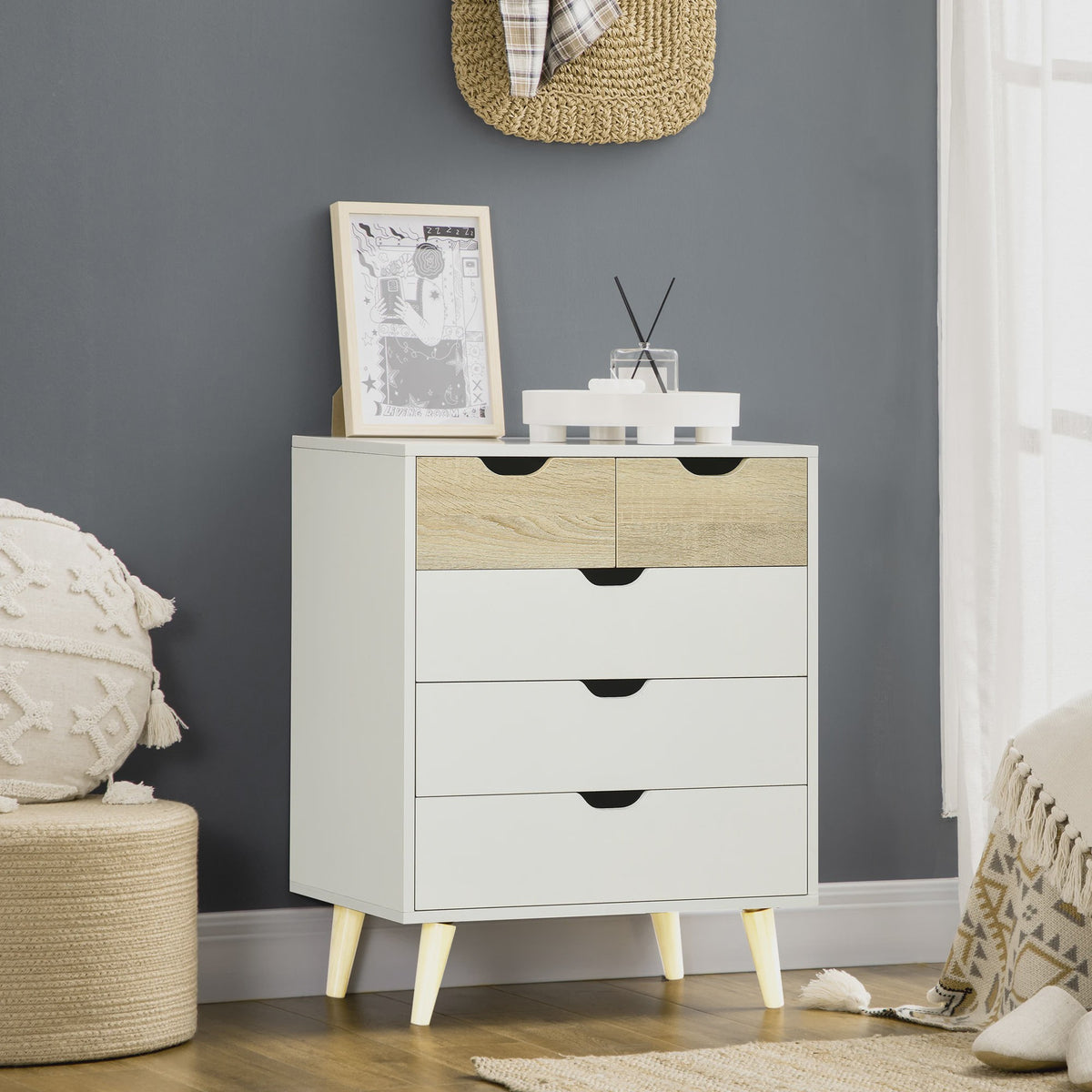 HOMCOM Commode met 5 Lades en Houten Poten - Wit & Naturel Hout - 60x40x77,5 cm