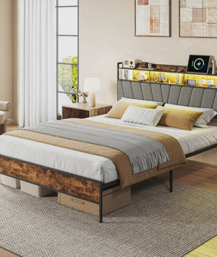 90x200cm Bedframe met LED Opberg Hoofdbord - Metaal & Hout - Gestoffeerd - Geen Boxspring Nodig