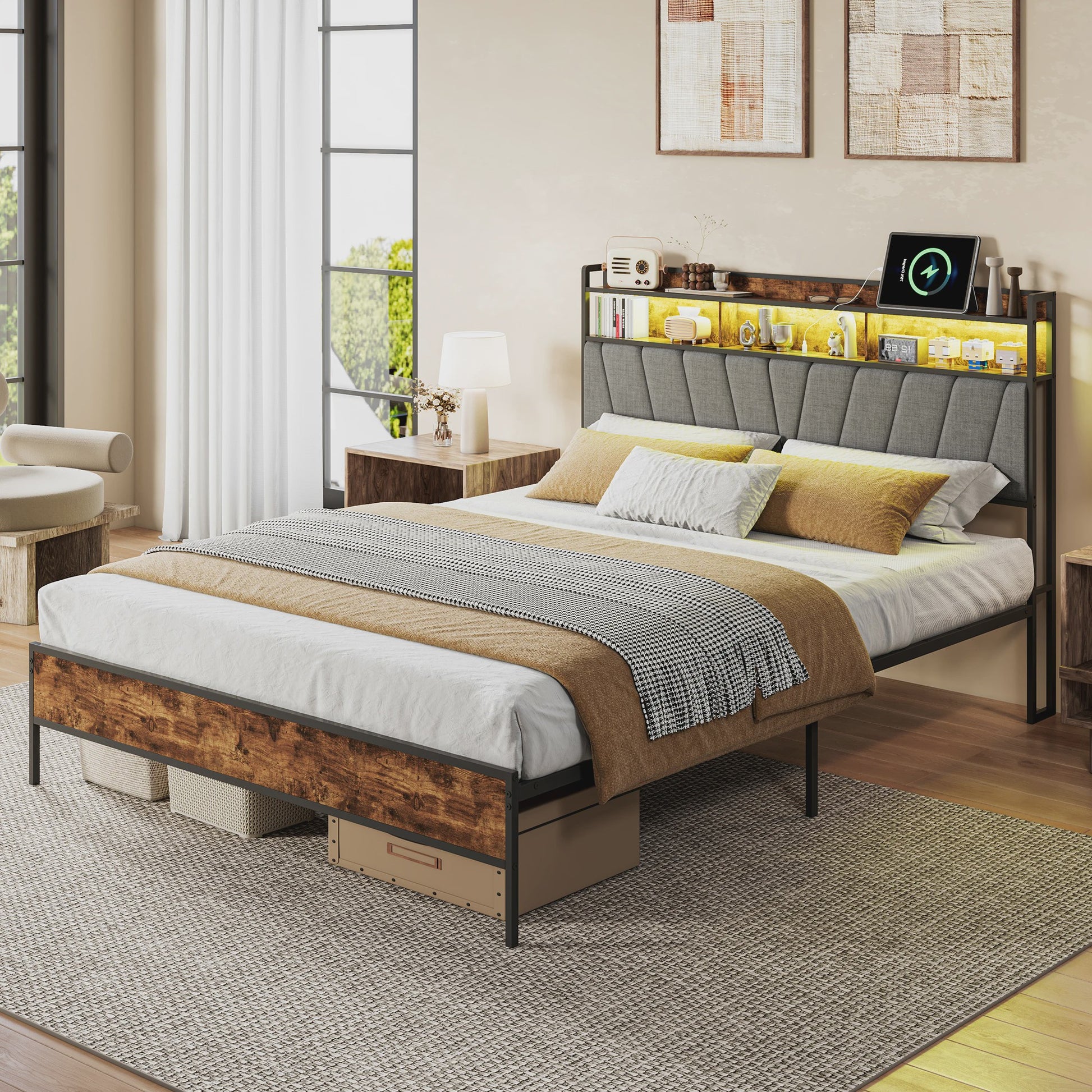 90x200cm Bedframe met LED Opberg Hoofdbord - Metaal & Hout - Gestoffeerd - Geen Boxspring Nodig