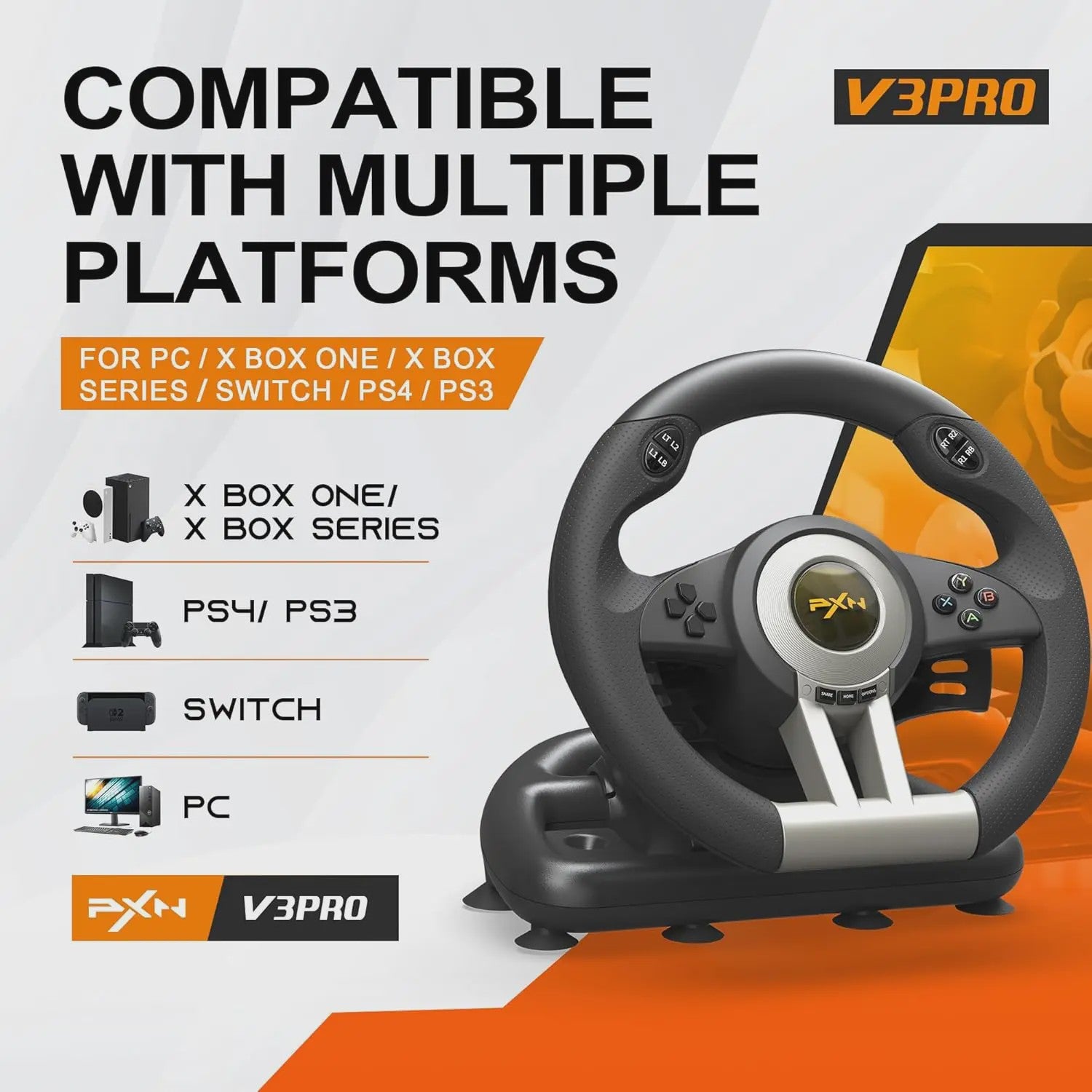 PXN V3 PRO Racing Wheel met Pedalen - 180° USB Stuurwiel voor PC, PlayStation, Xbox & Switch