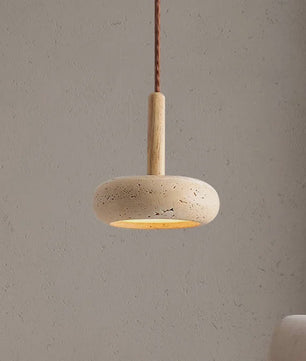 Wabi Sabi Hanglamp Rond Geel Steen met Hout - Sfeervolle LED Verlichting