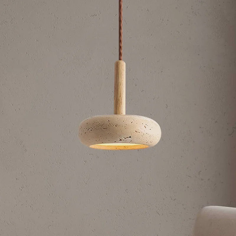 Wabi Sabi Hanglamp Rond Geel Steen met Hout - Sfeervolle LED Verlichting