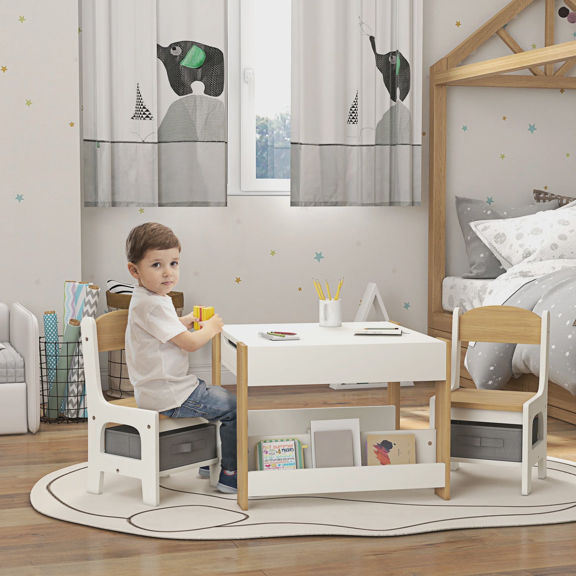 Kindertafel met 2 Stoelen en Whiteboard/Krijtbord - Inclusief Opbergruimte
