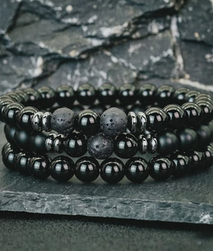 Set van 3 Heren Armbanden: Tijgeroog, Lavasteen & Onyx - Natuursteen