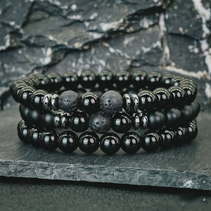 Set van 3 Heren Armbanden: Tijgeroog, Lavasteen & Onyx - Natuursteen