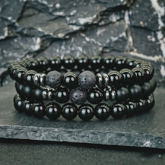 Set van 3 Heren Armbanden: Tijgeroog, Lavasteen & Onyx - Natuursteen