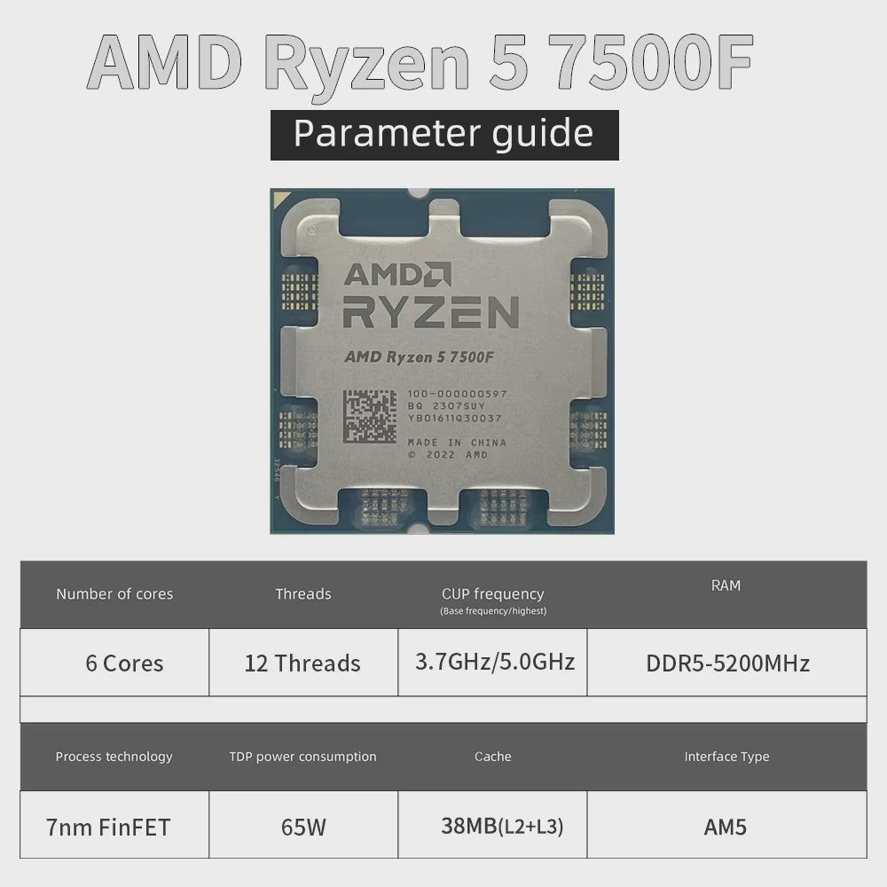 AMD Ryzen 5 7500F Processor: 6 Cores, 12 Threads, 5.0GHz, AM5 Socket - Krachtige Gaming CPU