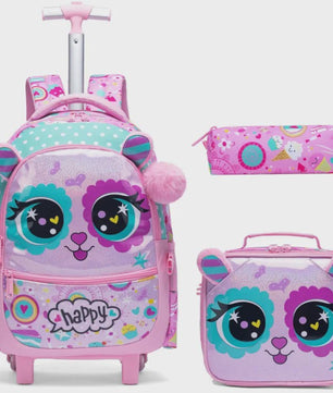 3-delige Kinder Trolley Rugzak Set met Wieltjes, Lunchtas en Etui - Meisjes