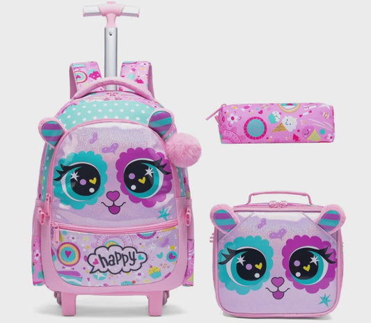 3-delige Kinder Trolley Rugzak Set met Wieltjes, Lunchtas en Etui - Meisjes