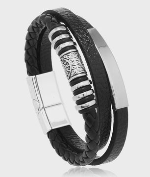 Trendy Heren Leren Armband - RVS & Gevlochten Touw, 21cm