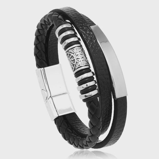 Trendy Heren Leren Armband - RVS & Gevlochten Touw, 21cm