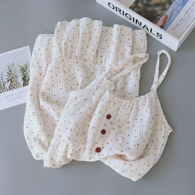 Zomer Pyjama Set Dames - Bloemendruk Nachtkleding met Knopen