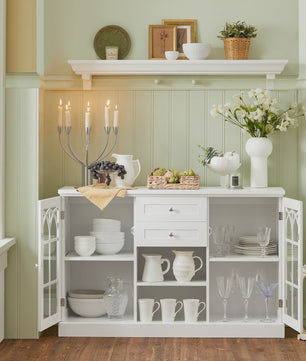 Wit Sideboard met 2 Glazen Deuren en 2 Lades - Stijlvolle Buffetkast voor Woonkamer of Hal