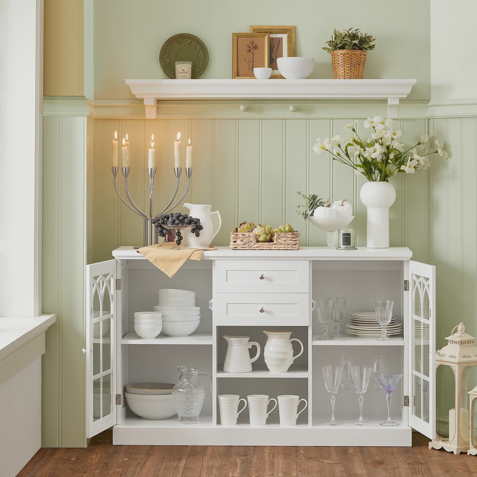 Wit Sideboard met 2 Glazen Deuren en 2 Lades - Stijlvolle Buffetkast voor Woonkamer of Hal
