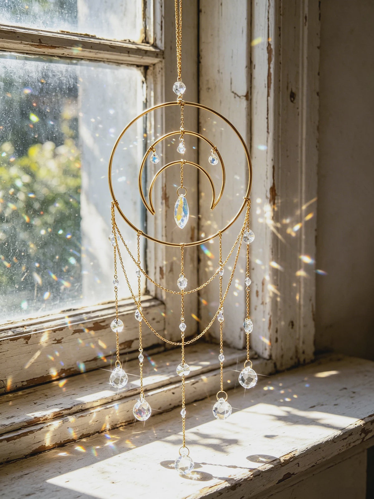 Gouden Maan Kristal Suncatcher - Regenboog Prisma Hanger voor Ramen & Tuin - Boho Decor Cadeau