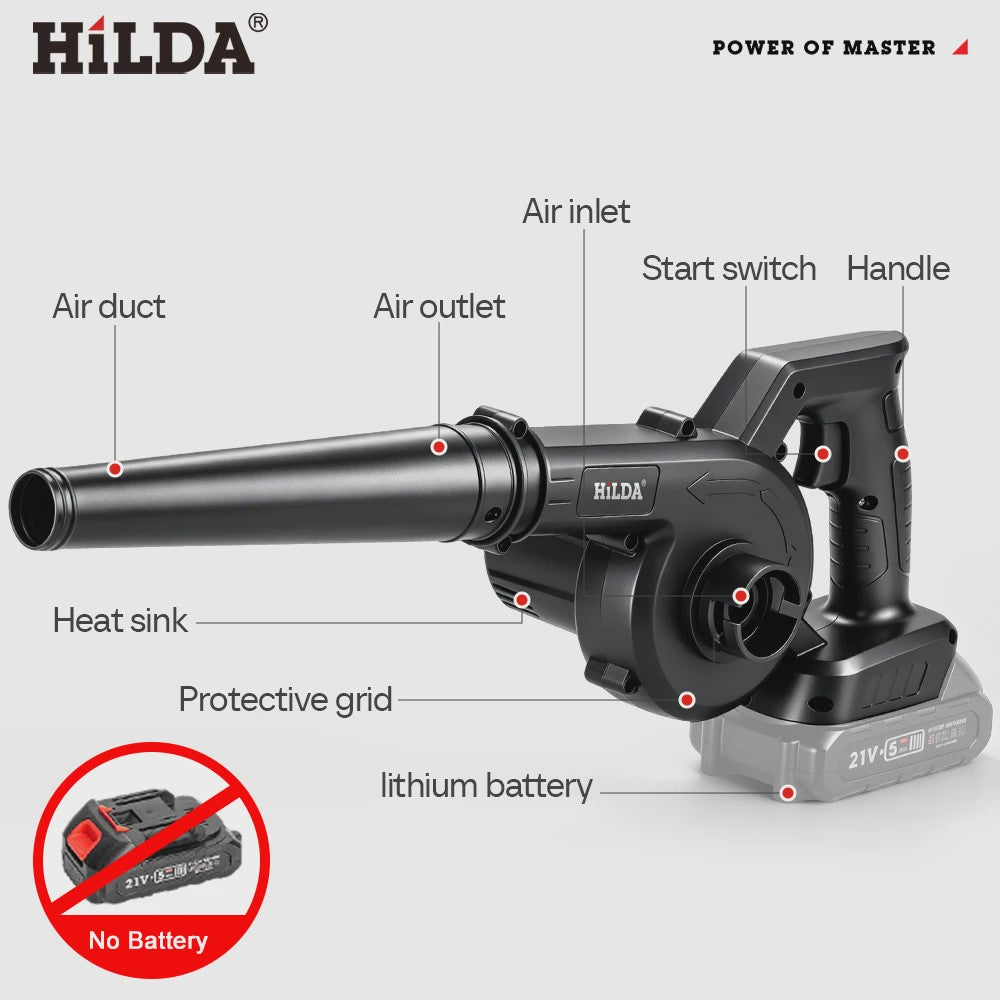 HILDA 21V Accu Bladblazer & Zuiger - Krachtige 2-in-1 Handheld Luchtblazer