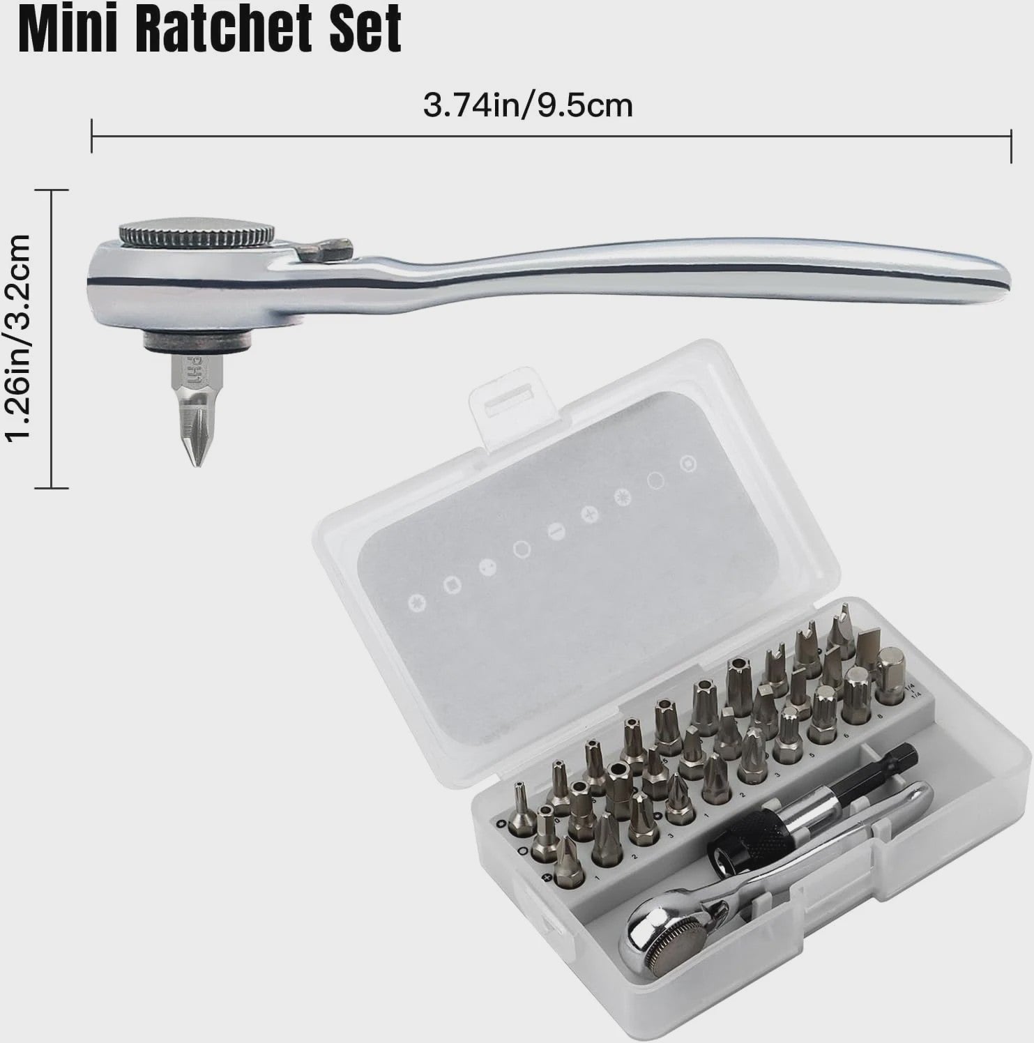 32-delige Mini Ratel Sleutel Set met 1/4" Bit, 72T, Magnetisch - Ideaal voor Krappe Ruimtes