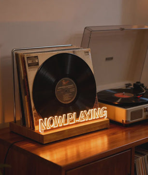 Retro Houten "Now Playing" Vinyl Platenstandaard met Neon LED Verlichting