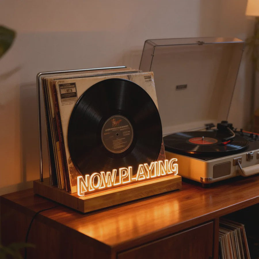 Retro Houten "Now Playing" Vinyl Platenstandaard met Neon LED Verlichting