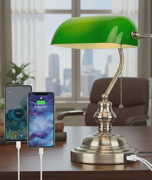 Groene Bankierslamp met 2 USB-poorten en Messing Voet - Klassiek Design, Moderne Functionaliteit