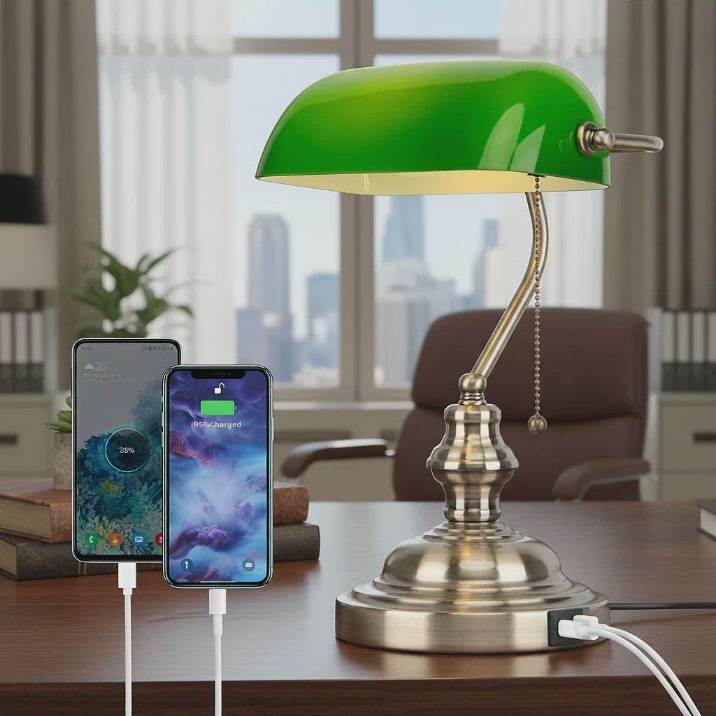 Groene Bankierslamp met 2 USB-poorten en Messing Voet - Klassiek Design, Moderne Functionaliteit
