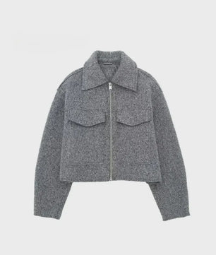 Chique Grijze Dames Jas met Rits en Zakken - Vintage Stijl