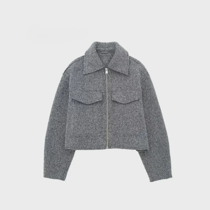 Chique Grijze Dames Jas met Rits en Zakken - Vintage Stijl