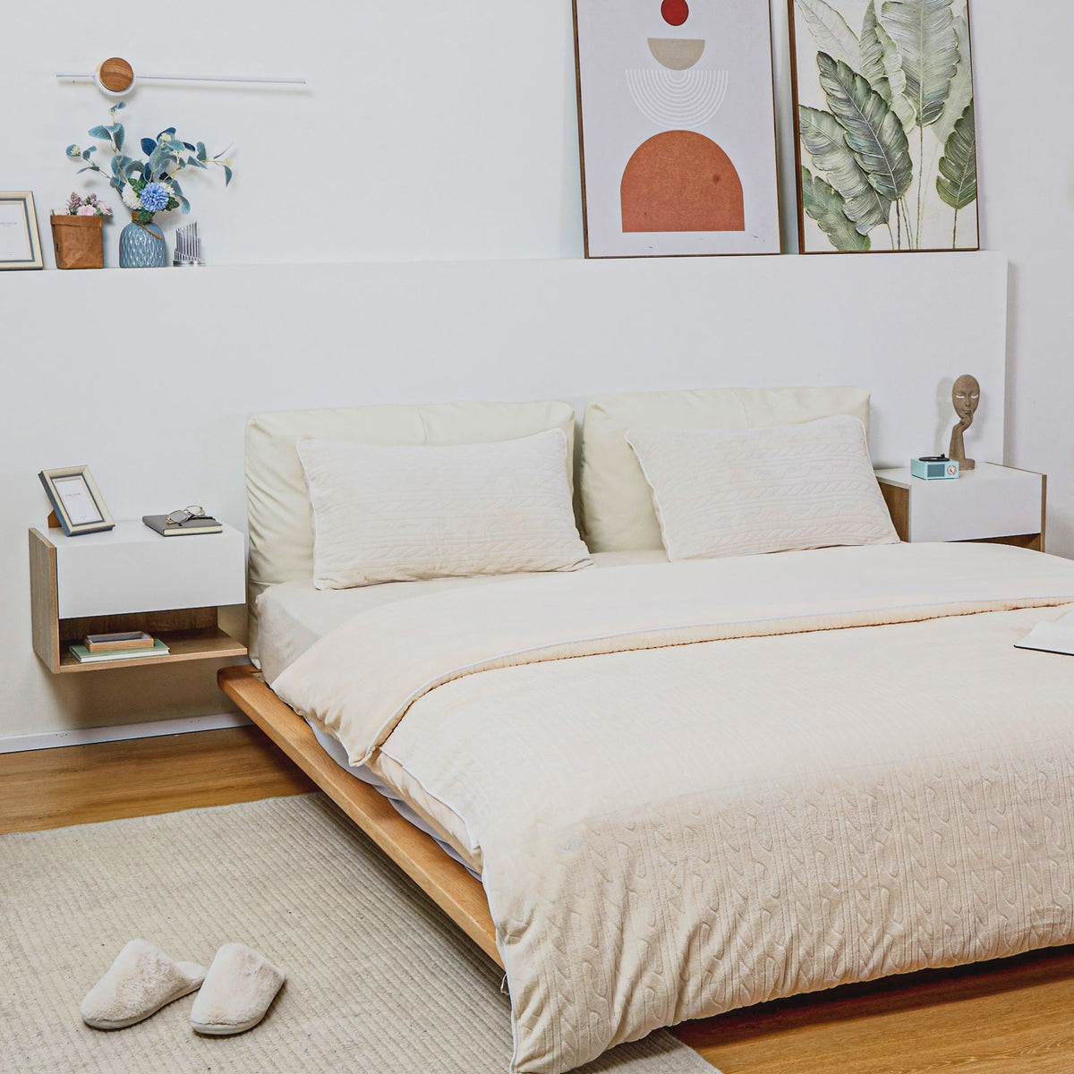 Set van 2 Nachtkastjes Zwevend - Wandmontage - Met Lade en Open Vak - Tweekleurig Houtlook