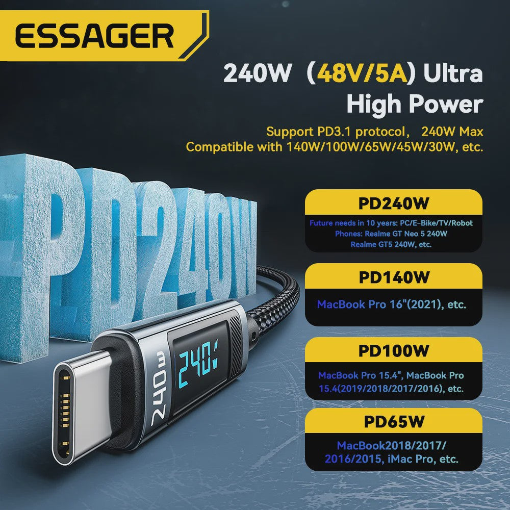 Essager 240W USB-C naar USB-C Kabel met Digitaal Display - PD 3.1 Snellader