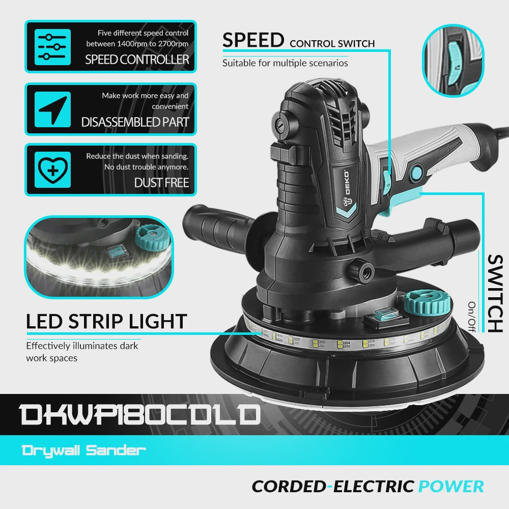DEKO DKWP180CDLD 900W Muurschuurmachine met LED-verlichting en Stofafzuiging