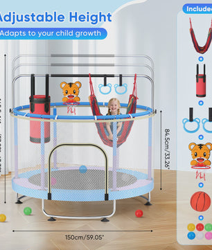 150cm Kids Trampoline,Adjustable Baby Toddler Trampoline with Basketball Hoop, Swing, Sandbag, Ocean Balls,330lbs Indoor Outdoor