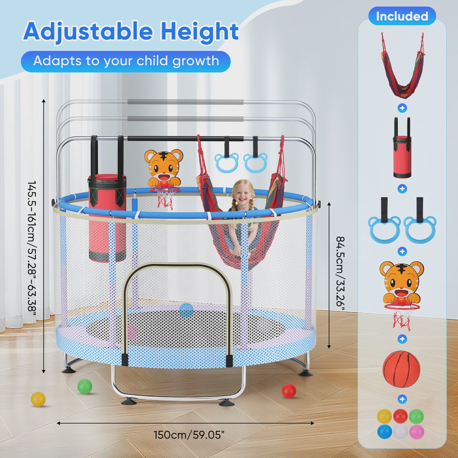 150cm Kids Trampoline,Adjustable Baby Toddler Trampoline with Basketball Hoop, Swing, Sandbag, Ocean Balls,330lbs Indoor Outdoor