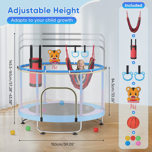 150cm Kids Trampoline,Adjustable Baby Toddler Trampoline with Basketball Hoop, Swing, Sandbag, Ocean Balls,330lbs Indoor Outdoor
