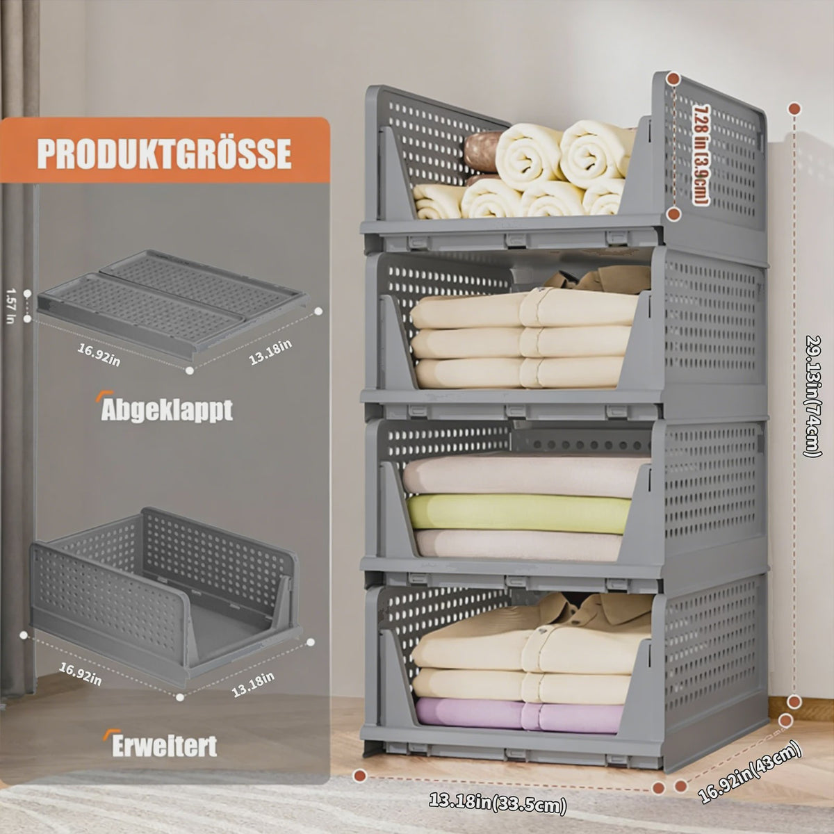 4-Pack Stapelbare Opbergdozen voor Kleding en Speelgoed - Inklapbare PP Plastic Lades