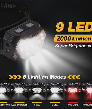Krachtige 9 LED Hoofdlamp met USB Opladen en Bewegingssensor - Ideaal voor Camping, Vissen en Werk