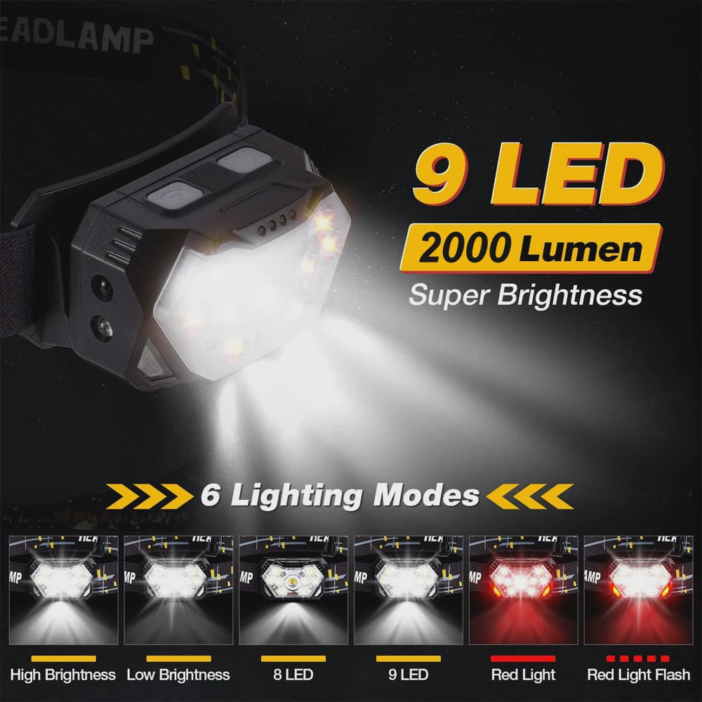 Krachtige 9 LED Hoofdlamp met USB Opladen en Bewegingssensor - Ideaal voor Camping, Vissen en Werk