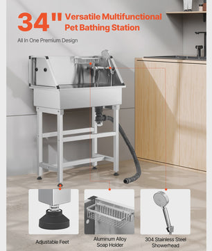 RVS Hond Wasstation 34"/62" - Professionele Hondenbadkuip met Kraan & Douchekop