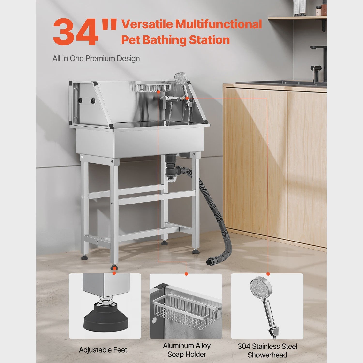 RVS Hond Wasstation 34"/62" - Professionele Hondenbadkuip met Kraan & Douchekop
