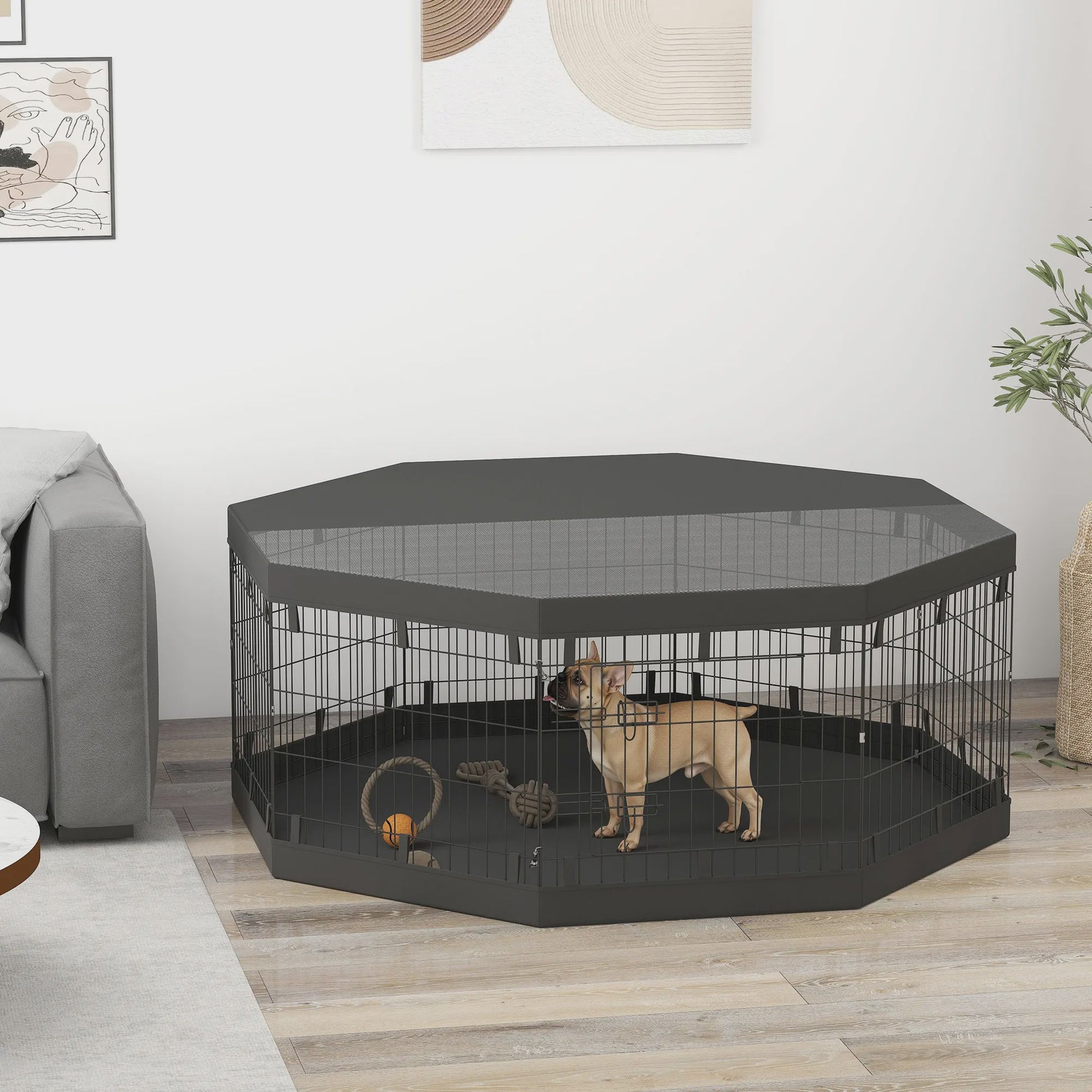 PawHut Opvouwbare Hondenren Binnen - 8 Panel, Met Deur & Dak - Staal, 61x61 cm - Zwart