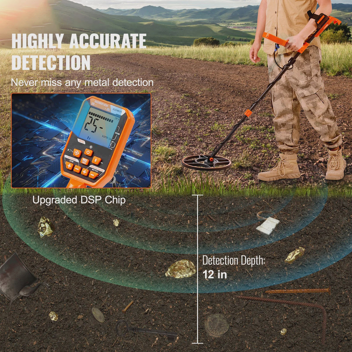 Professionele Oplaadbare Metaaldetector - 12" IP68 Waterdicht, 7 Modi & LCD