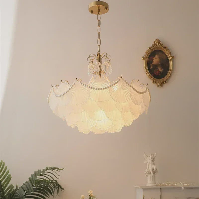 Moderne Koperen Plafondlamp met Schelp Glas en LED - Stijlvolle Hanglamp voor Woonkamer, Eetkamer & Slaapkamer